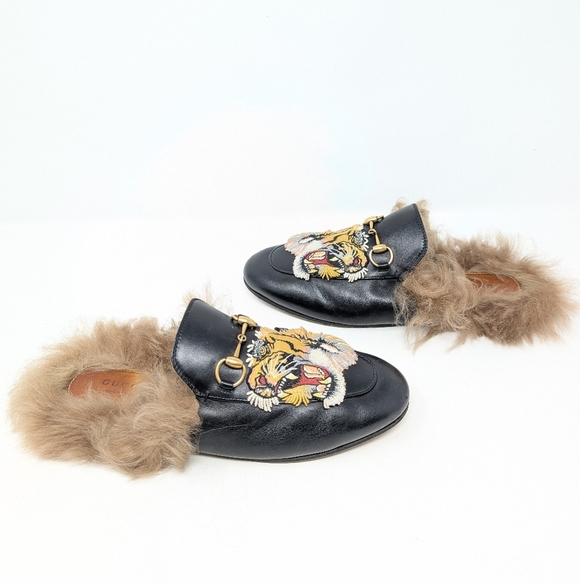 Gucci Princetown Tiger Black Leather Size 37 Horse Bit Mules Loafers - Picture 4 of 10